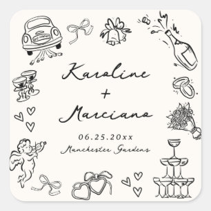 Sticker Carré Doodles Mariages dessinés à la main