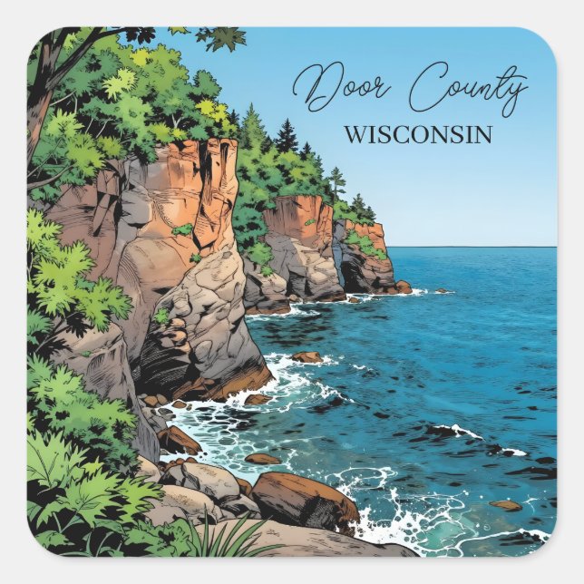 Sticker Carré Door County Illustration | The Bluffs and Lake (Devant)