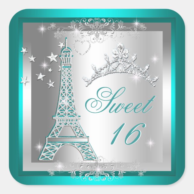 Sticker Carré Douce 16 Douce Seize Tiare Turquoise Tour Eiffel (Devant)