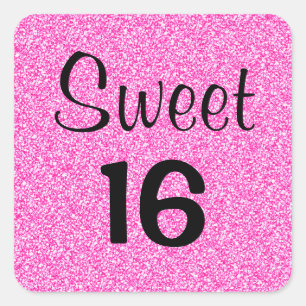 Sticker Carré Douce 16 Seize Noir & Paillettes Rose Chaud Brilla