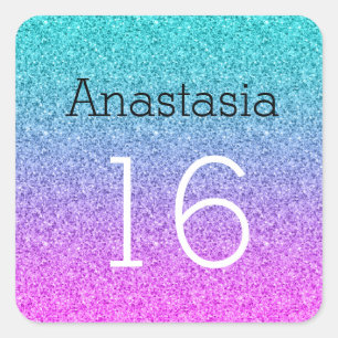Sticker Carré Douce 16 Seize Ombre bleu rose Parties scintillant