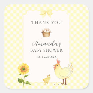 Sticker Carré Douce Baby Shower Gingham Rustique Fleur de Tourne