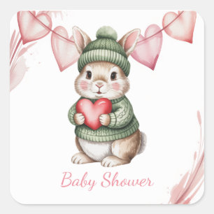 Sticker Carré Douce Baby Shower Lapin Aquarelle