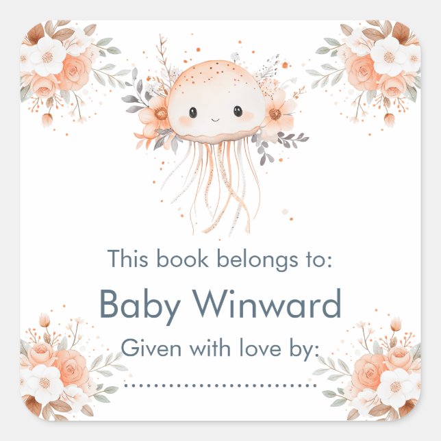 Sticker Carré Douce Baby Shower Méduse Florale  (Devant)