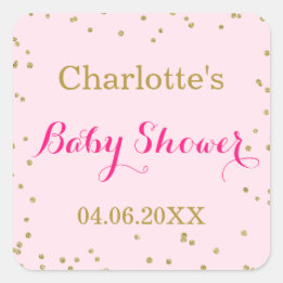 Sticker Carré Douce Baby Shower Rose Pâle Paillettes Or Confetti