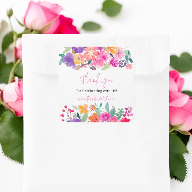 Sticker Carré Douce fête prénuptiale à l'aquarelle fleurie rose  (Bold bright pink floral watercolor bridal shower square sticker)