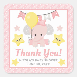 Sticker Carré Douce Fille Rose Éléphant Baby Shower