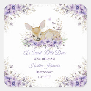 Sticker Carré Douce Lavande Fleurs Violettes Cerf Baby Shower