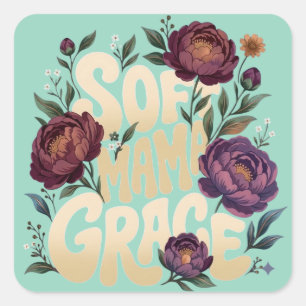 Sticker Carré Douce Maman Grace Typographie Florale Rétro prune 