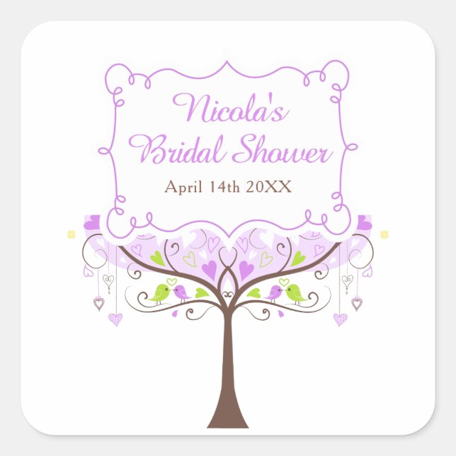 Sticker Carré Douce Mariage Fleurie Oiseaux Violet et Vert  (Devant)