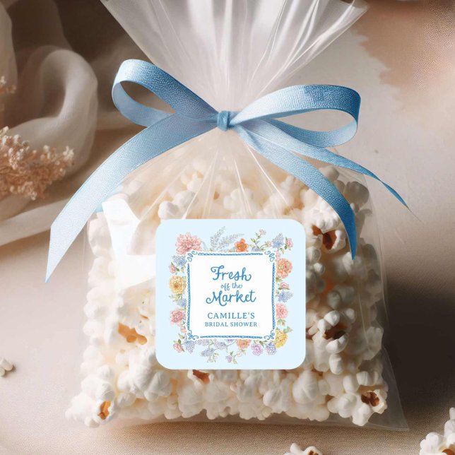 Sticker Carré Douce Mariée Fraîche du Marché Bleu (Blue Fresh of the Market bridal shower sticker)