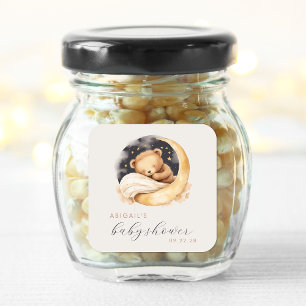 Sticker Carré Douce Ourson Aquarelle et Lune Baby Shower