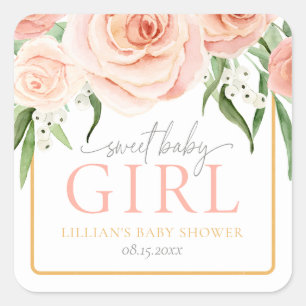 Sticker Carré Douce petite fille rose blush rose florale Baby Sh