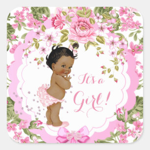 Sticker Carré Douce Rose Florale Fille Baby Shower Ethnique