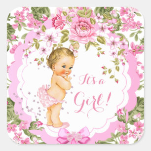 Sticker Carré Douce Rose Florale Rose Baby Shower Fille Blonde