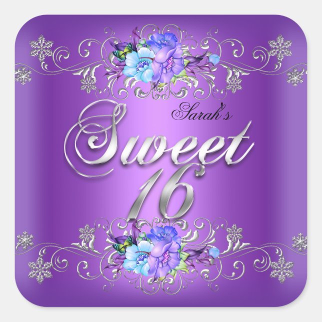 Sticker Carré Douces 16 Douces Seize Fleurs Blanches Violettes (Devant)