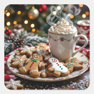 Sticker Carré Douces Cookies de Noël et Chocolat Chaud