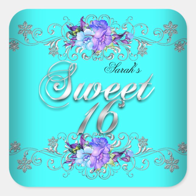 Sticker Carré Doux 16 Sweets sixteens Fleurs violettes Turquoise (Devant)