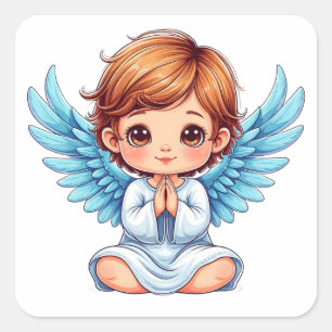 Sticker Carré Doux Ange Avec des Ailes Bleues Et un Halo