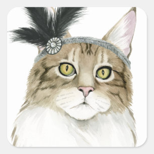 Sticker Carré Downton Cat   Orné De Plumes