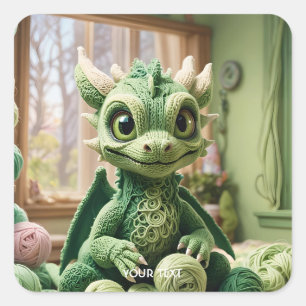 Sticker Carré Dragon à fils vert mignon Imaginaire
