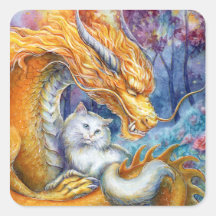 Dragon ardent et chat blanc dans une forêt mystiqu