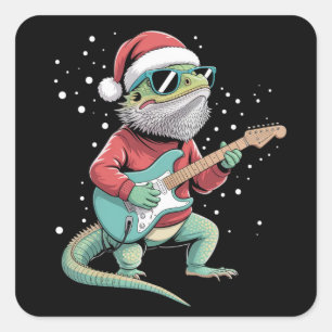 Sticker Carré Dragon barbu de Noël jouant de la guitare Musicien