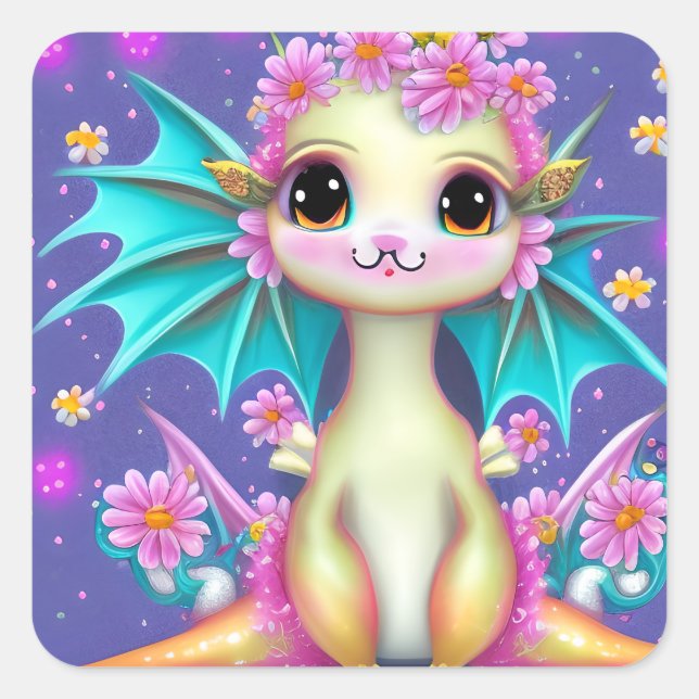Sticker Carré Dragon Bébé mignon aux fleurs roses (Devant)