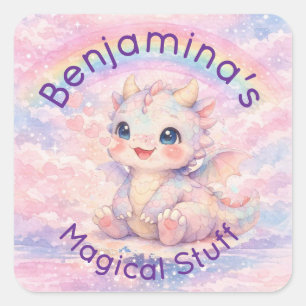 Sticker Carré Dragon Bébé Rose Cœur Arc-en-Ciel Fantaisie Mignon