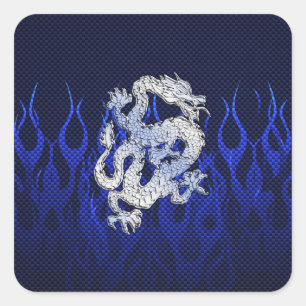 Sticker Carré Dragon Bleu dans Chrome Styles de fibre de carbone