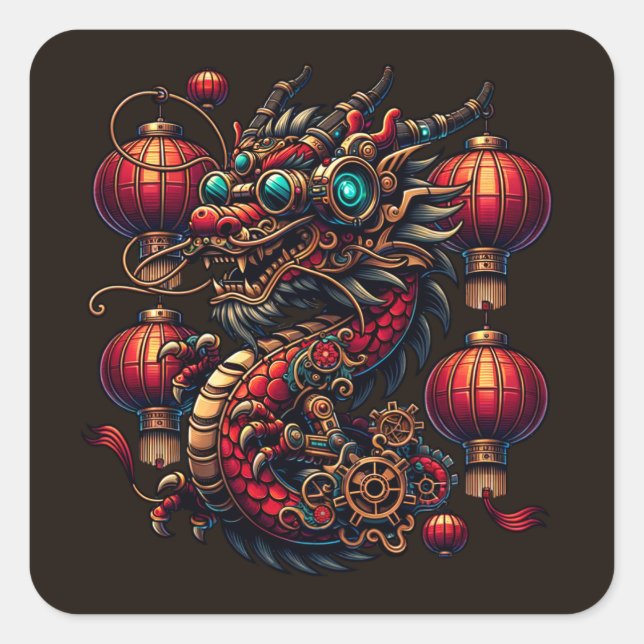 Sticker Carré Dragon chinois de Nouvel An Steampunk (Devant)