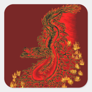 Sticker Carré Dragon chinois design rouge et or