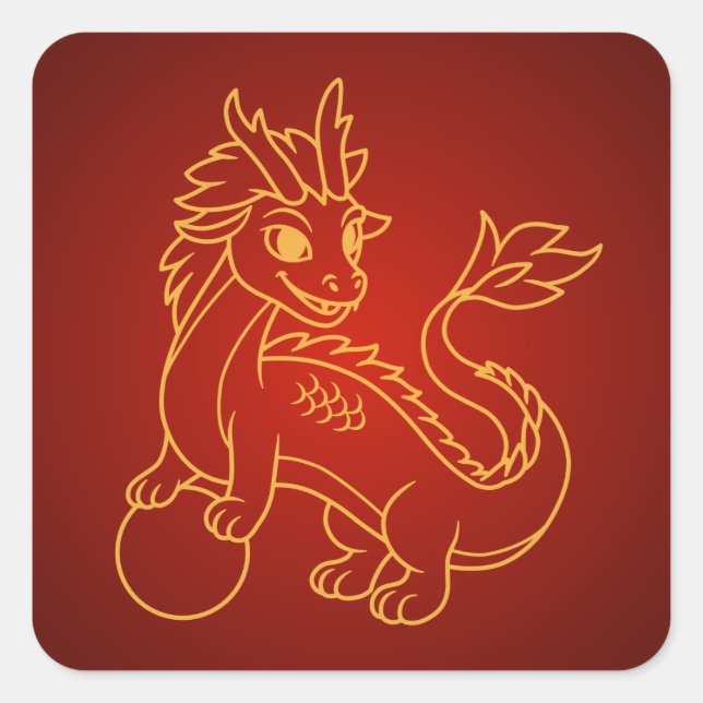 Sticker Carré Dragon Chinois sur Fond Rouge (Devant)