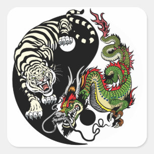 Sticker Carré Dragon chinois vert et tigre blanc YIN YANG
