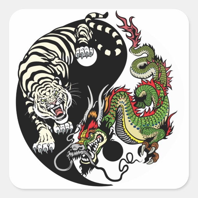 Sticker Carré Dragon chinois vert et tigre blanc YIN YANG (Devant)