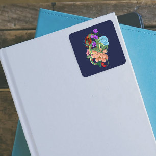 Sticker Carré Dragon Chinois Vert Mystique Floral Bleu Marine