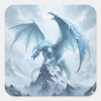 Sticker Carré Dragon de Glace Bleu Sur Un Sommet de Montagne