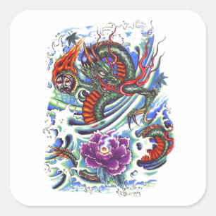Sticker Carré Dragon d'eau Oriental cool Lotus