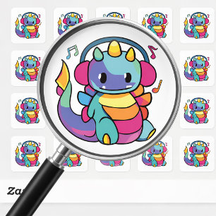 Sticker Carré Dragon heureux avec des écouteurs en train d'écout