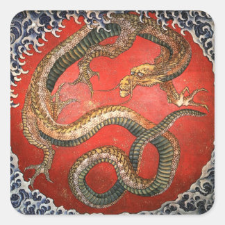Sticker Carré Dragon, Hokusai Art japonais