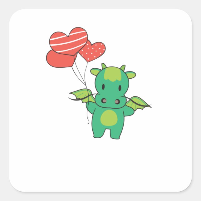 Sticker Carré Dragon Mignons Animaux Avec Coeurs Ballons À (Devant)