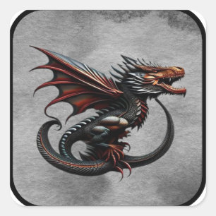 Sticker Carré Dragon noir ailé rouge féroce