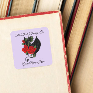 Sticker Carré Dragon Noir Mystique Roses Rouges Lavande Ex-libri