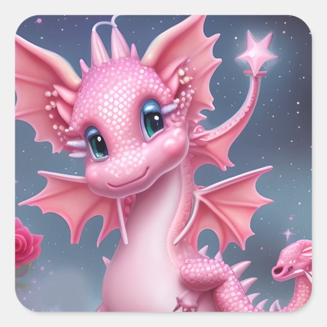 Sticker Carré Dragon rose mignon aux fleurs roses (Devant)
