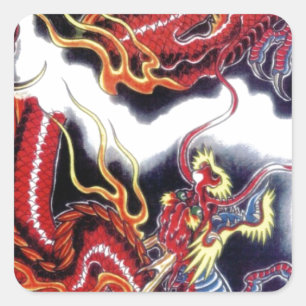 Sticker Carré Dragon rouge japonais