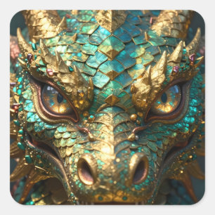 Sticker Carré Dragon Turquoise et Or 