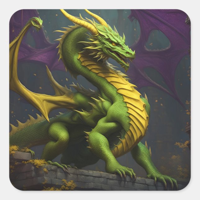 Sticker Carré Dragon vert et jaune (Devant)