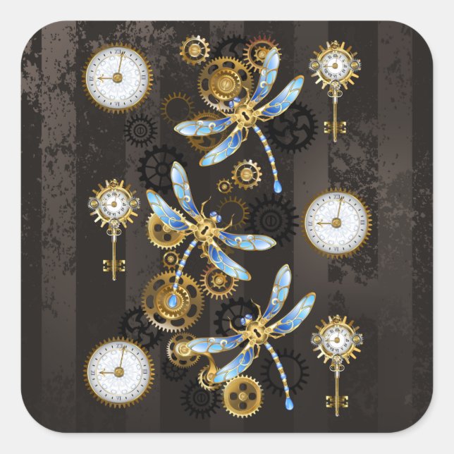 Sticker Carré Dragonflies de Steampunk sur arrière - plan rayé b (Devant)