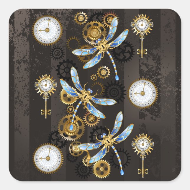 Sticker Carré Dragonflies de Steampunk sur arrière - plan rayé b (Devant)