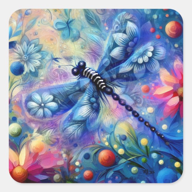 Sticker Carré Dragonfly Abstraite lunaire Floral Turquoise Rose (Devant)